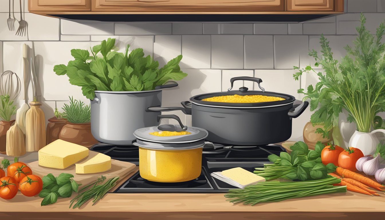 A rustic kitchen with a pot of simmering polenta on a stove, surrounded by fresh herbs, vegetables, and a cookbook open to a page on Italian cuisine