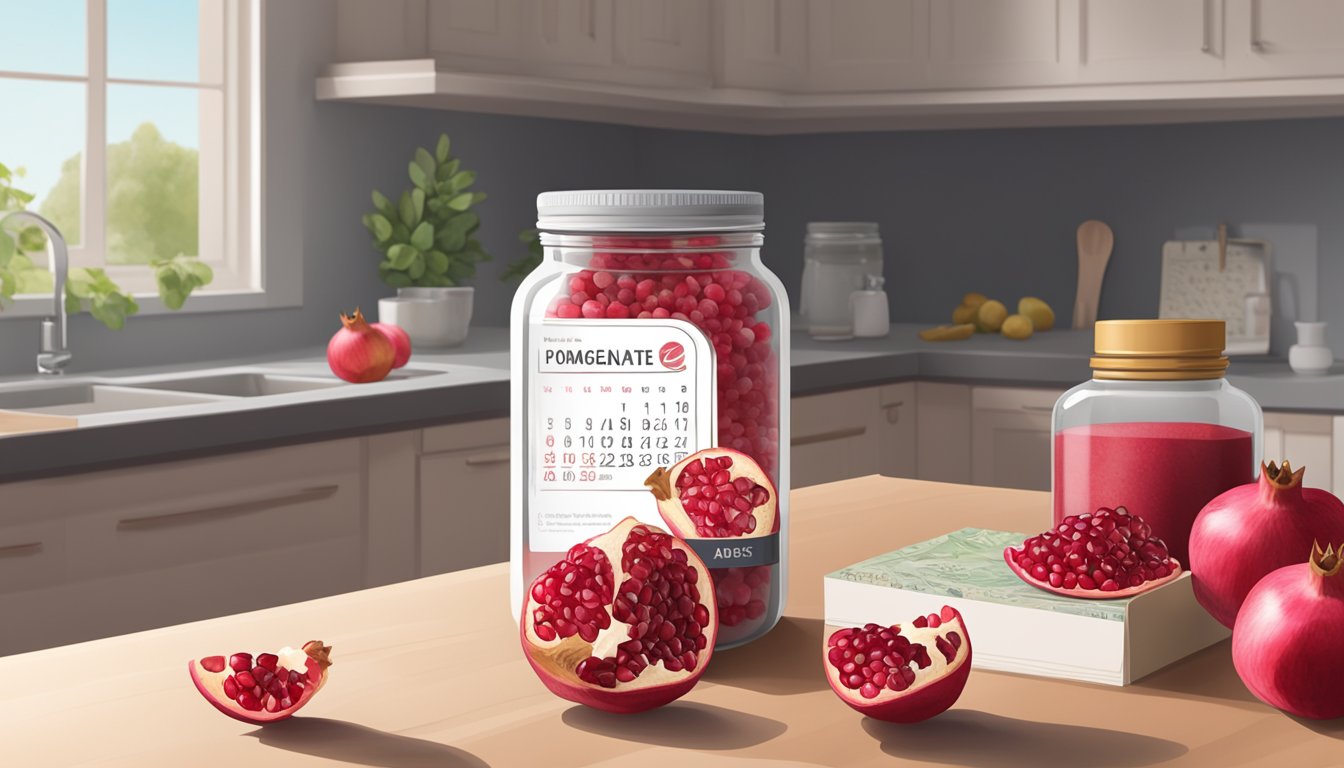 A jar of pomegranate powder sits on a kitchen counter, surrounded by fresh pomegranates and a calendar showing the current date