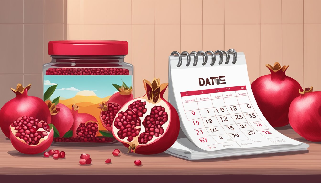 A jar of pomegranate powder sits on a kitchen shelf, surrounded by vibrant red pomegranates and a calendar showing the current date