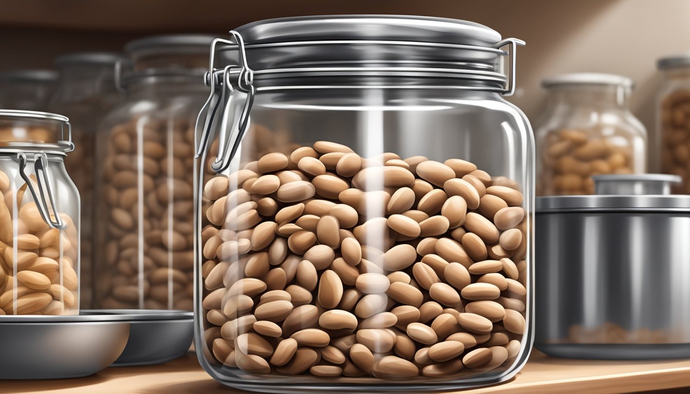 A clear glass jar filled with pinto beans, sealed with a metal lid, sitting on a kitchen shelf