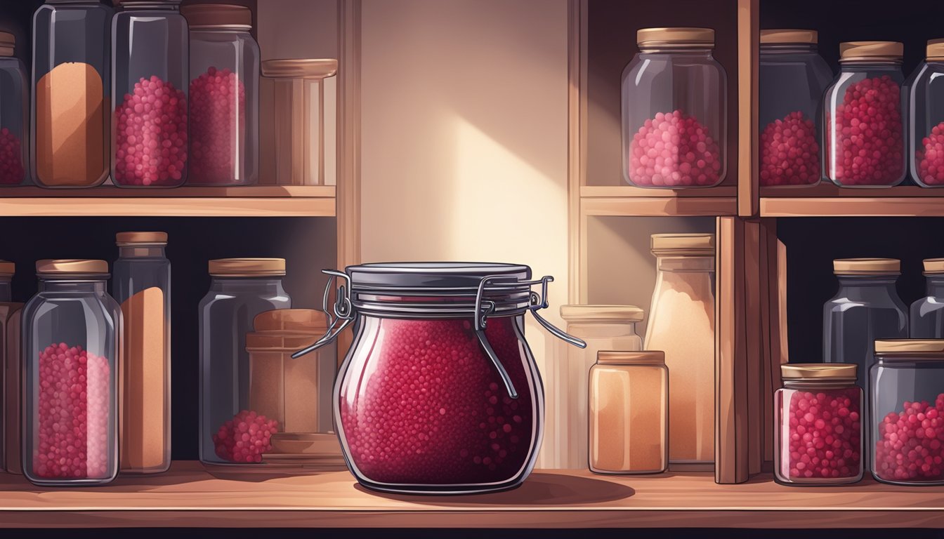 A glass jar filled with pomegranate powder sits on a shelf in a dark pantry, sealed tightly to preserve its freshness