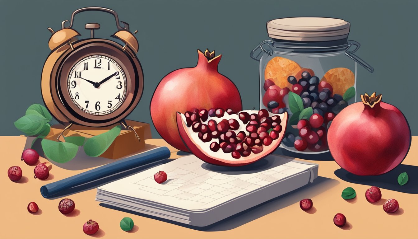 A close-up of a pomegranate with seeds spilling out, surrounded by a calendar, clock, and various food storage containers