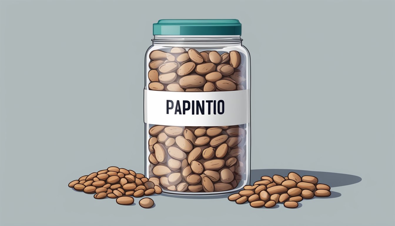 Airtight container with dry pinto beans, labeled with expiration date