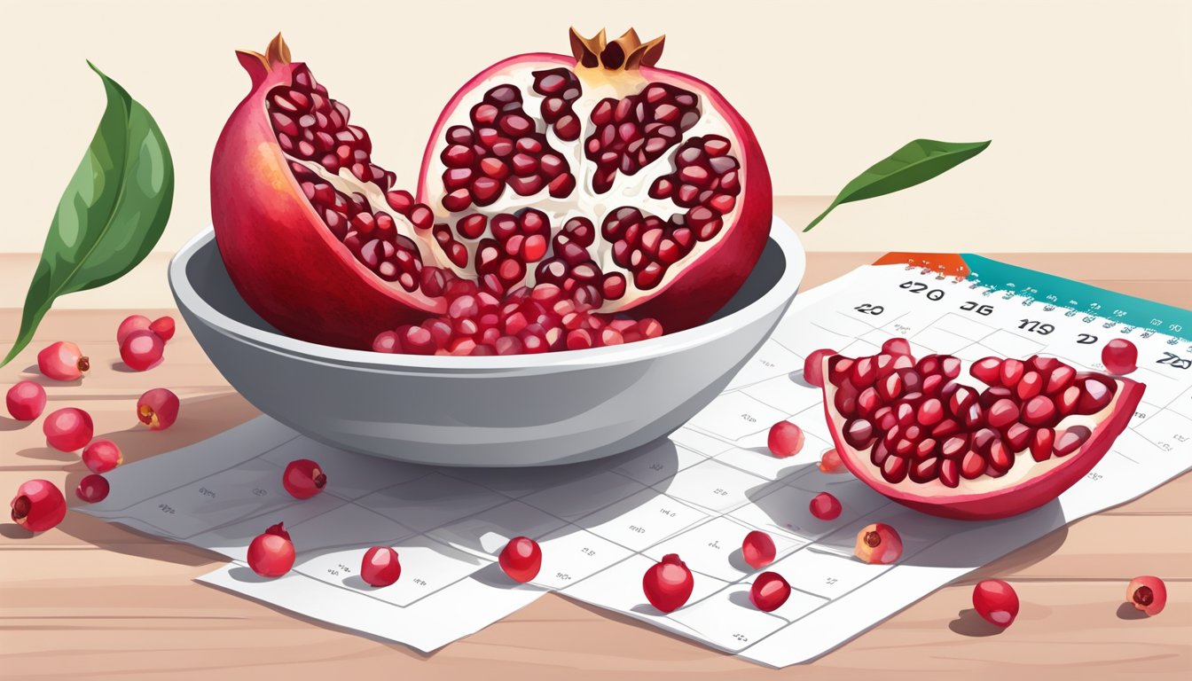 A ripe pomegranate split open, revealing juicy, ruby-red seeds spilling out onto a white countertop. Nearby, a calendar with the current date circled