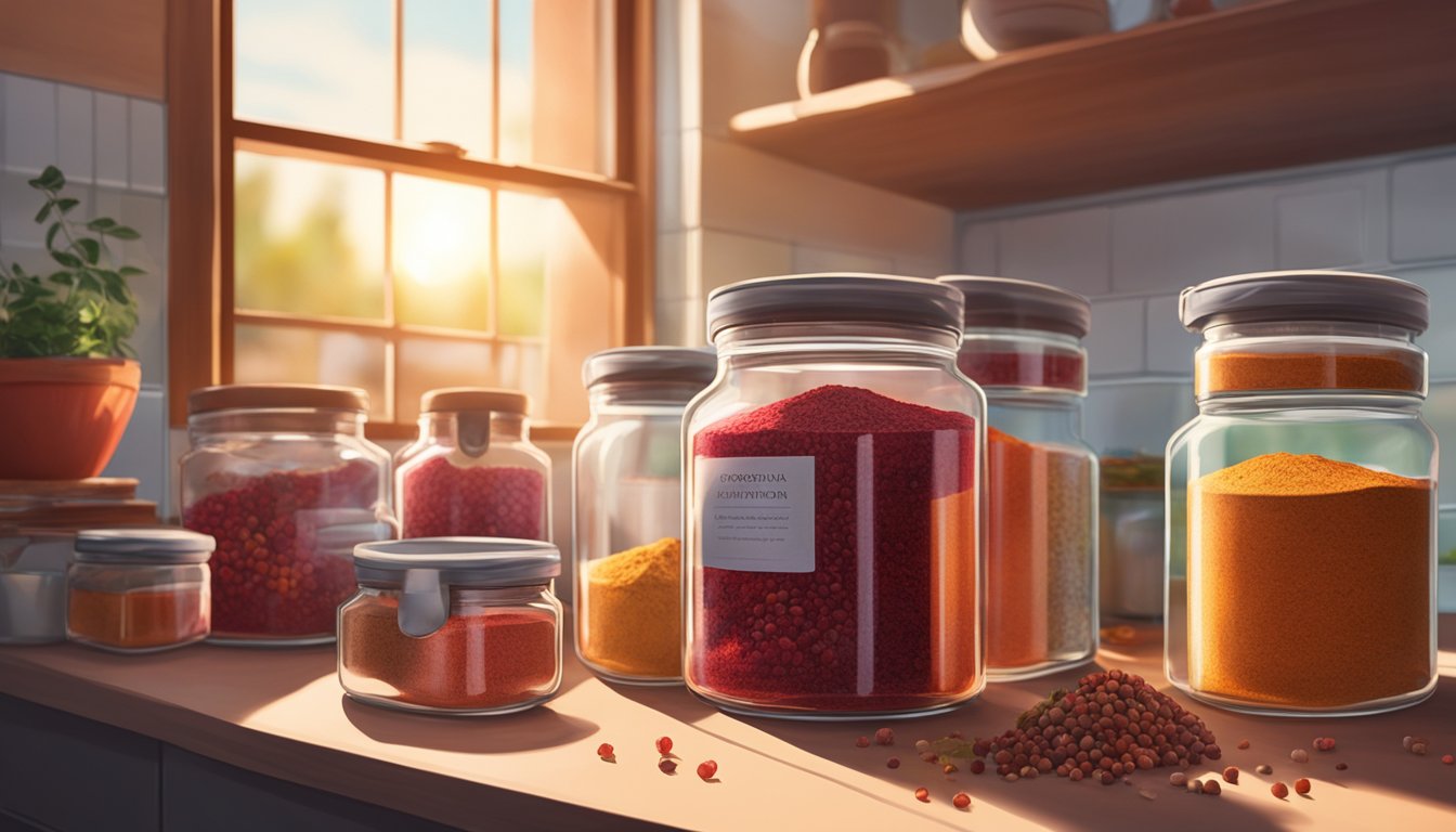 A glass jar filled with pomegranate powder sits on a kitchen counter, surrounded by various containers of spices and herbs. The sunlight streams in through a nearby window, casting a warm glow on the vibrant red powder