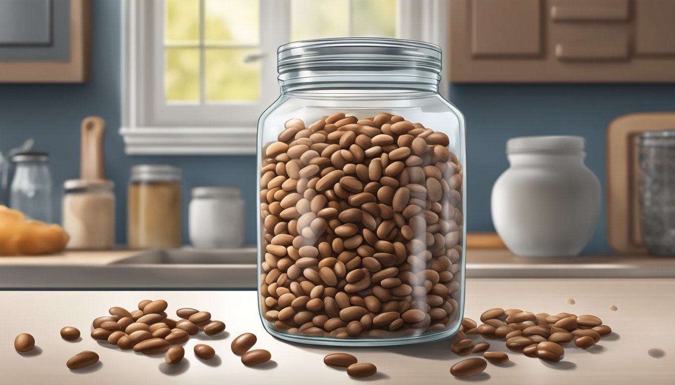 A clear glass jar of pinto beans sits on a kitchen counter, surrounded by a few beans scattered around. The beans inside the jar show signs of mold and discoloration