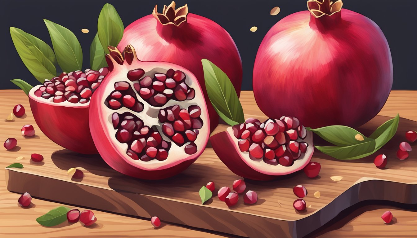 A pomegranate with seeds spilling out onto a wooden cutting board, surrounded by scattered seeds and a few whole fruits