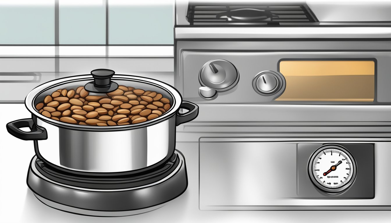 A pot of pinto beans simmering on a stovetop, steam rising, with a timer set for the recommended cooking time