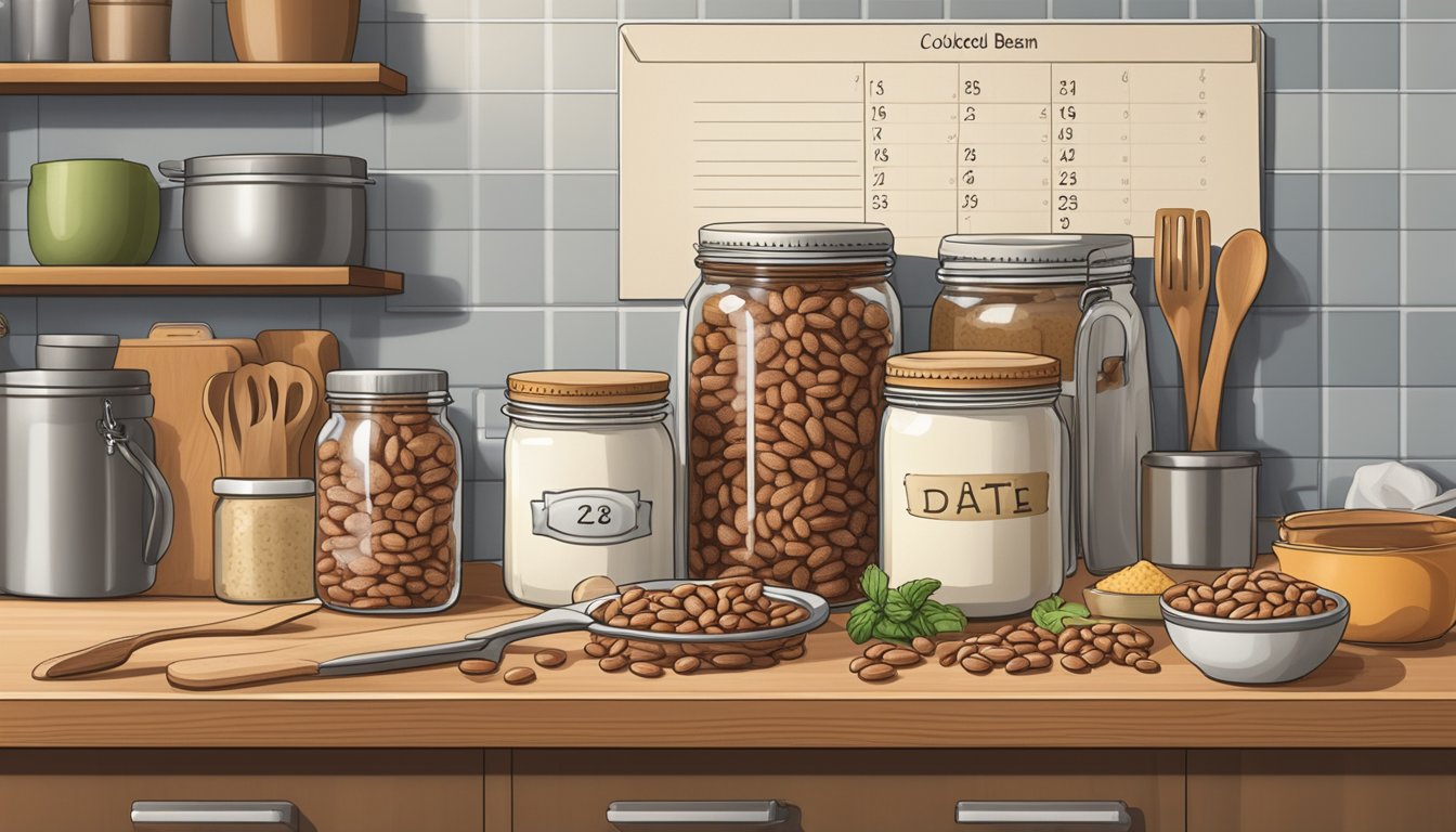 A jar of cooked pinto beans sits on a kitchen counter, surrounded by various ingredients and cooking utensils. A calendar on the wall shows the current date