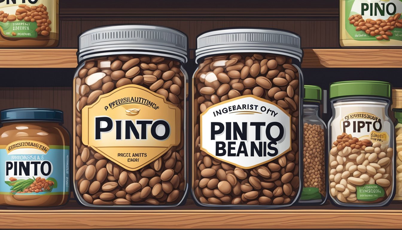 A jar of pinto beans sits on a kitchen shelf, surrounded by other pantry staples. The label on the jar indicates the expiration date, emphasizing the longevity of the product