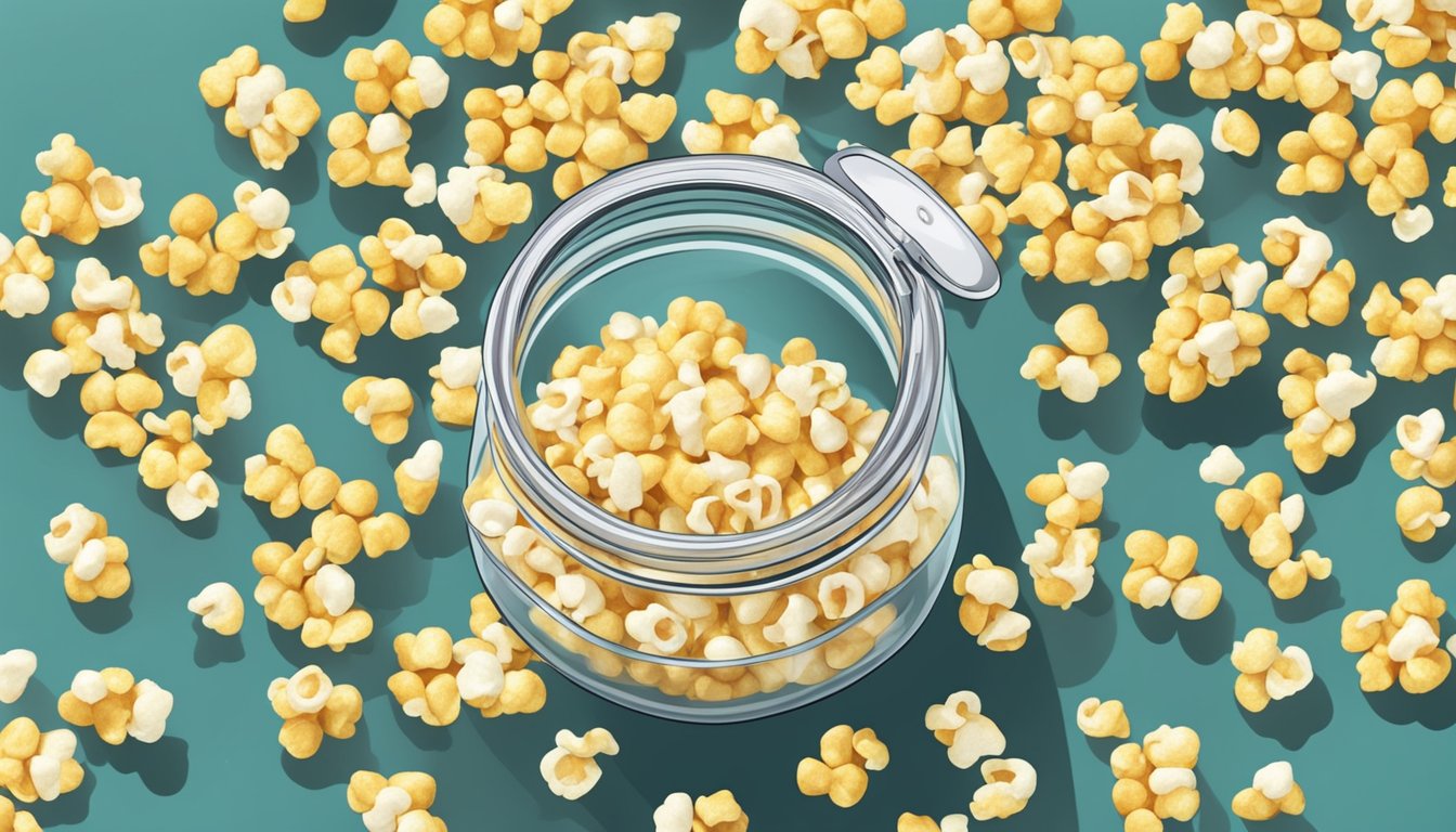 A jar of popcorn kernels sits on a kitchen counter, surrounded by a few loose kernels and a measuring spoon