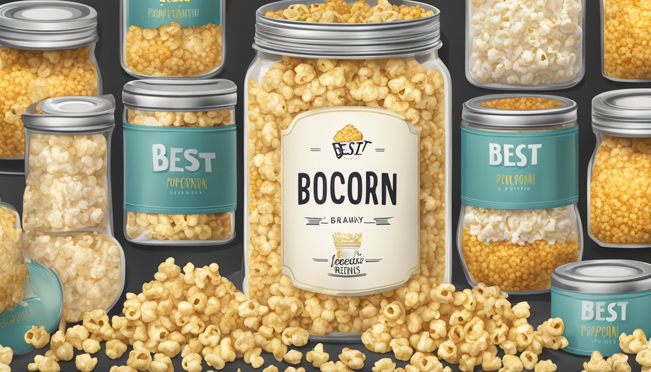 A jar of popcorn kernels with a "best by" date label, surrounded by a variety of pantry items