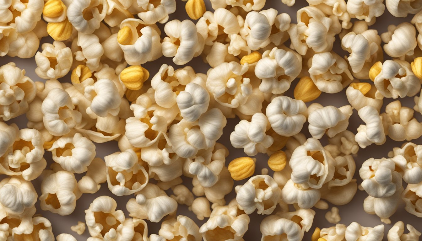 A pile of popcorn kernels, some plump and golden, others shriveled and discolored, sitting on a countertop next to an empty popcorn bag