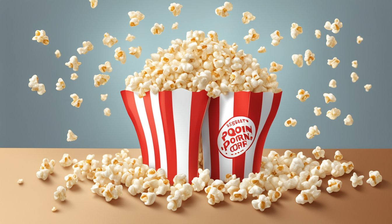 A pile of fresh popcorn kernels spilling out of a vibrant red and white striped popcorn box onto a clean, shiny countertop