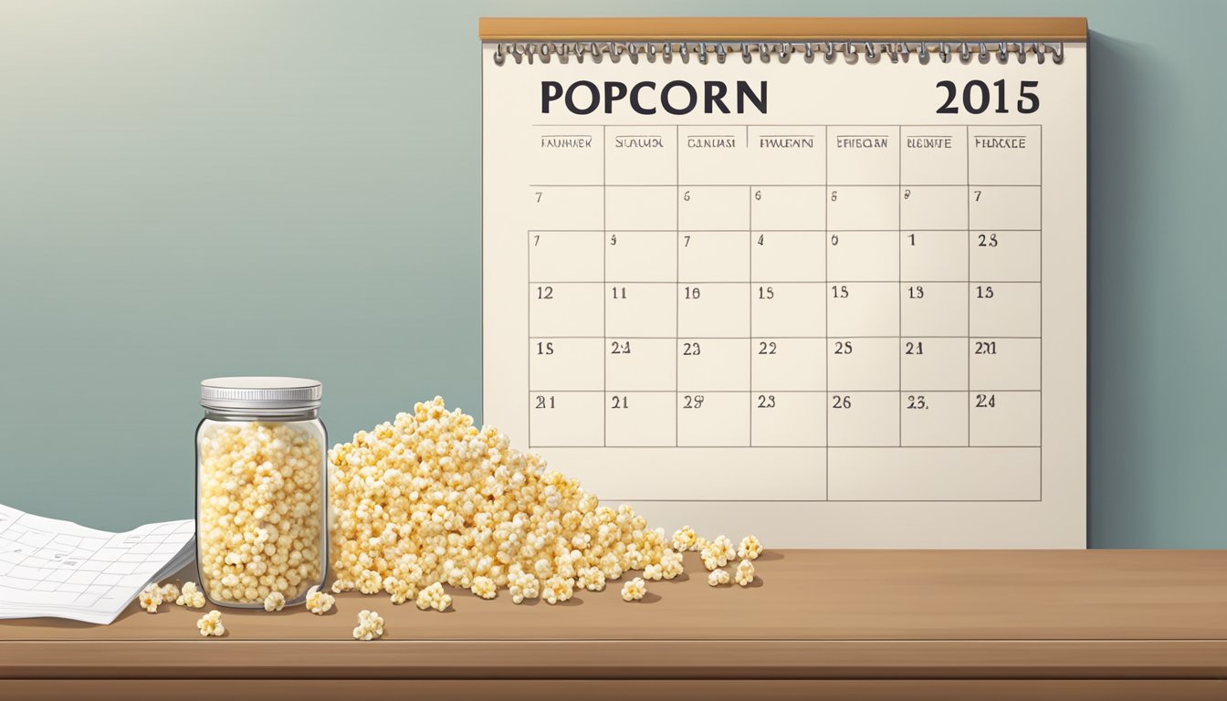 A jar of popcorn kernels sits on a shelf, next to a calendar showing the current date. A few kernels spill out onto the counter