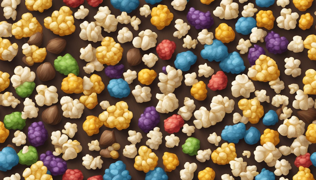 A variety of popcorn kernels in different colors and sizes scattered across a wooden table, with a few kernels popping and releasing steam