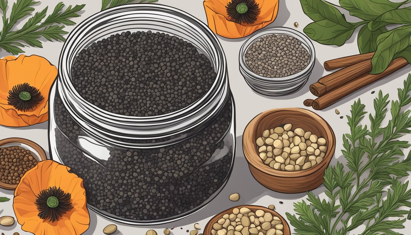 A jar of poppy seeds sits on a kitchen counter, surrounded by various spices and herbs. The seeds are small and dark, with a slightly glossy appearance