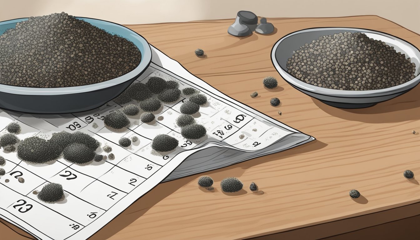 A pile of poppy seeds sits on a kitchen counter next to a calendar. Some seeds are moldy and discolored, while others appear fresh and intact