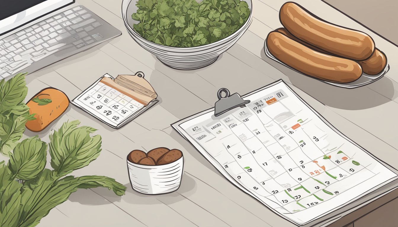 A kitchen counter with a package of plant-based sausages next to a calendar showing the current date and an expiration date circled in red