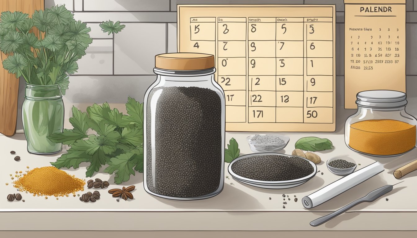 A small jar of poppy seeds sits on a kitchen counter next to a calendar showing the current date. The seeds are surrounded by other spices and ingredients, indicating a well-stocked pantry