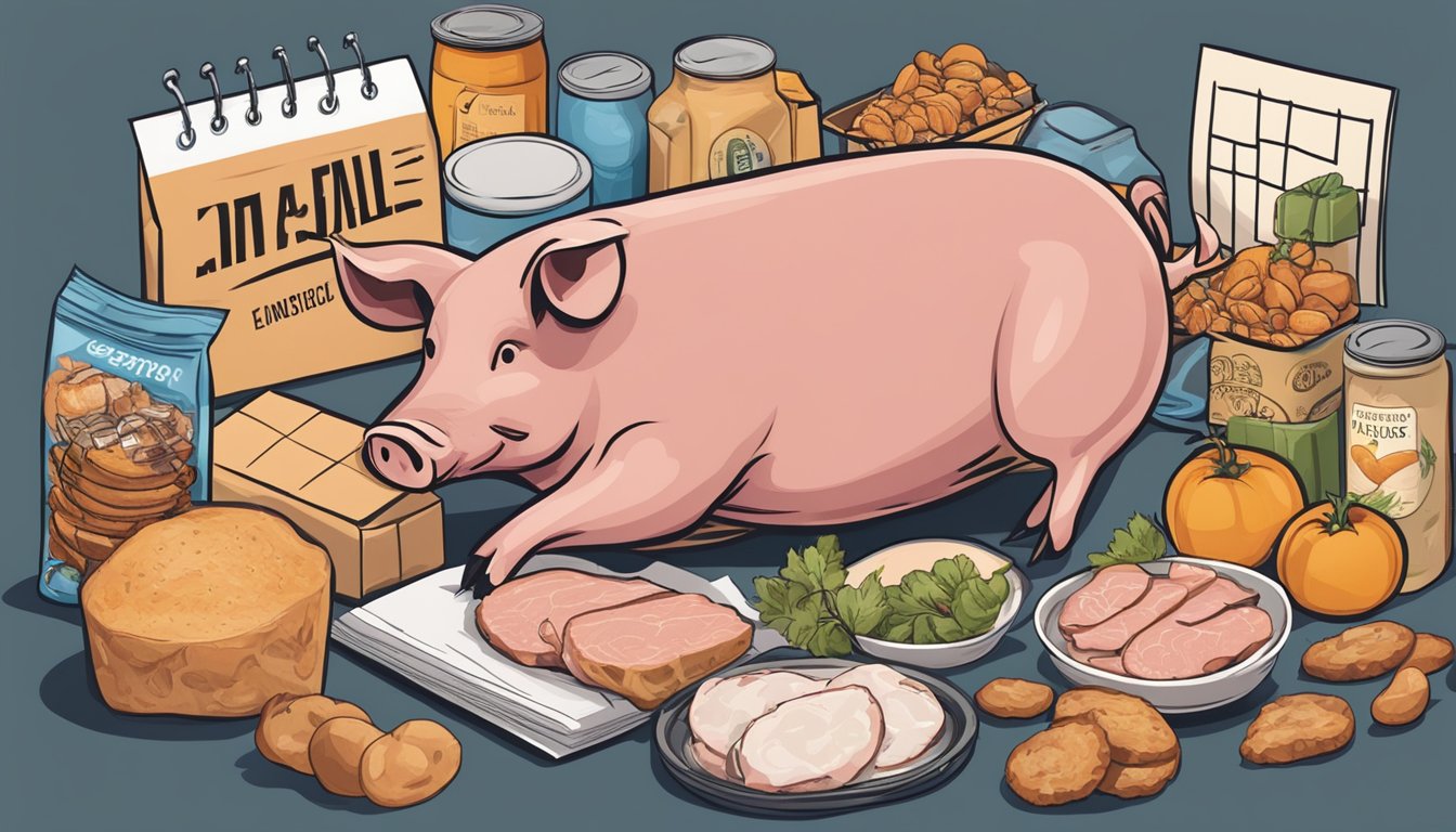 A package of pork with a sell-by and expiration date, surrounded by various food items and a calendar