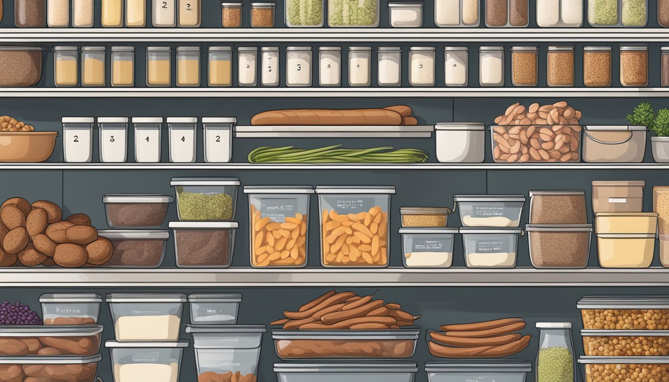 A kitchen pantry filled with neatly organized shelves of plant-based sausages in airtight containers, with labels indicating expiration dates