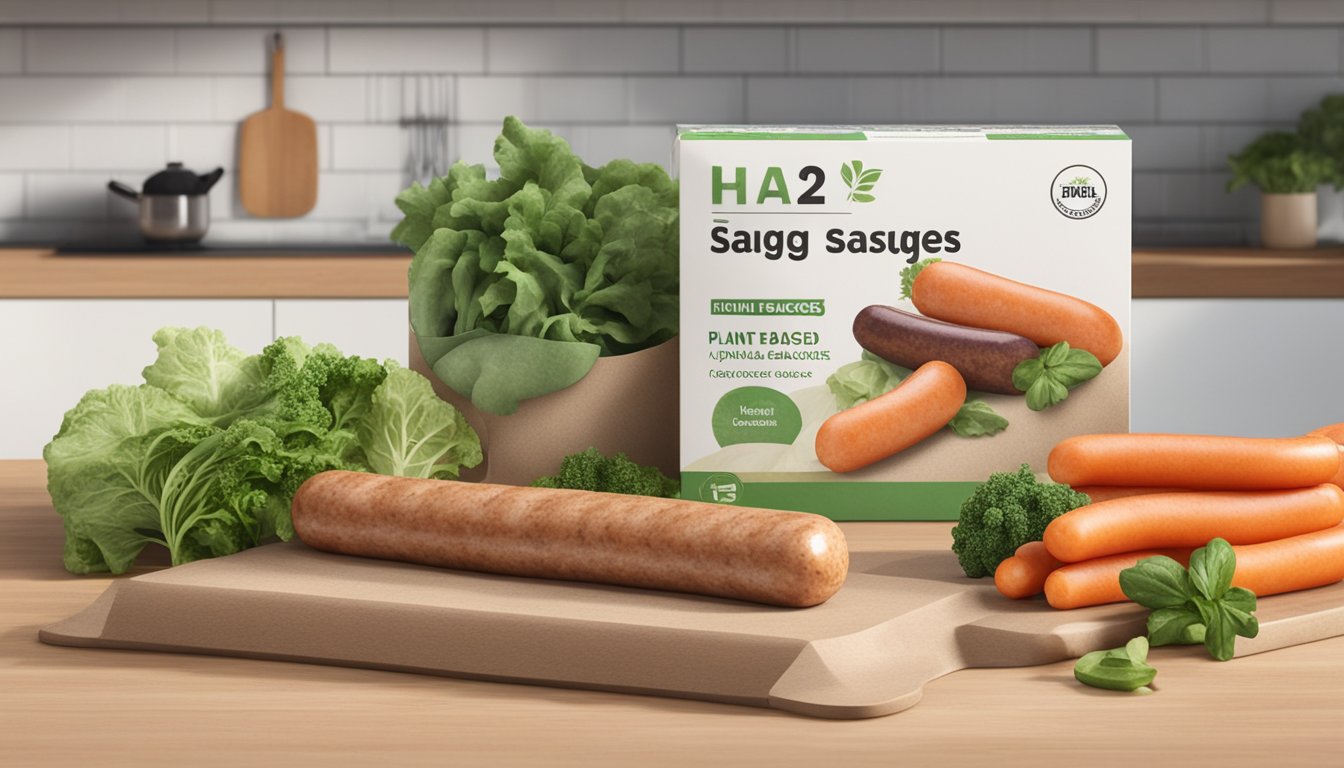 A package of plant-based sausages sits on a kitchen counter, surrounded by fresh vegetables. The sausages are beginning to show signs of mold and discoloration