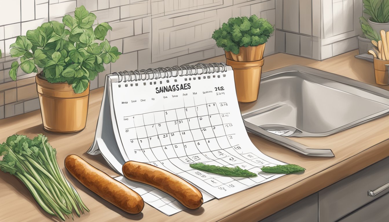 A kitchen counter with a package of plant-based sausages next to a calendar showing the current date and a "best by" date