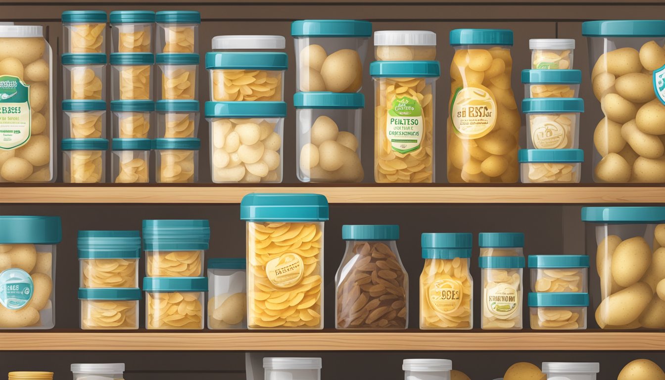 A sealed container of potato flakes on a pantry shelf, with a "best by" date clearly visible