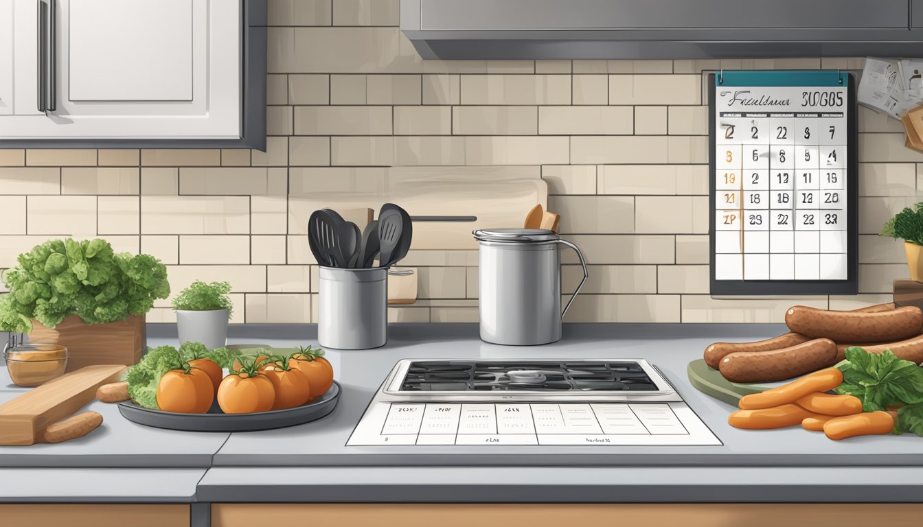 A kitchen counter with a package of plant-based sausages, a calendar, and a clock showing the current time