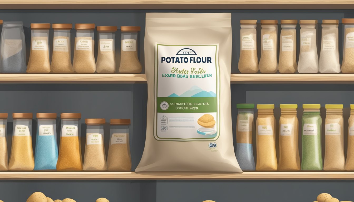 A sealed bag of potato flour on a pantry shelf, with a clear expiration date visible