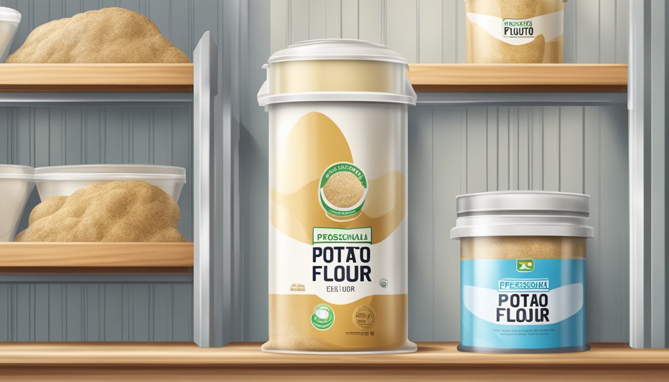 A sealed container of potato flour on a cool, dry shelf