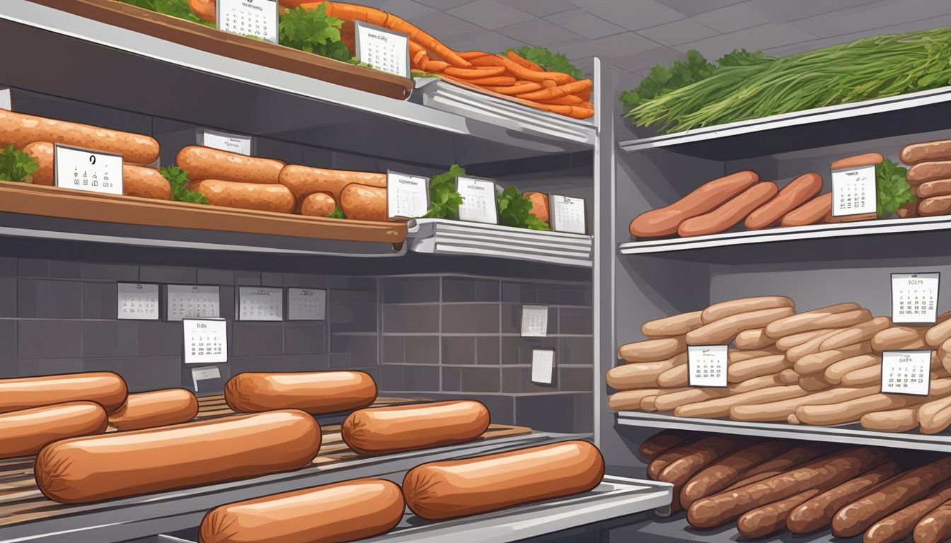 A variety of plant-based sausages sit on a shelf, next to traditional meat sausages. A calendar on the wall indicates the current date