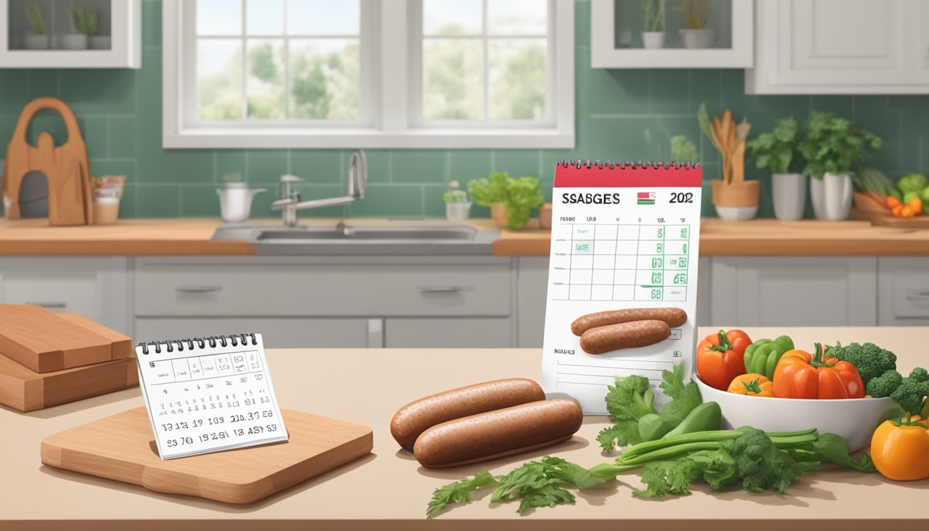 A package of plant-based sausages sits on a kitchen counter, surrounded by fresh produce and a calendar marking the expiration date