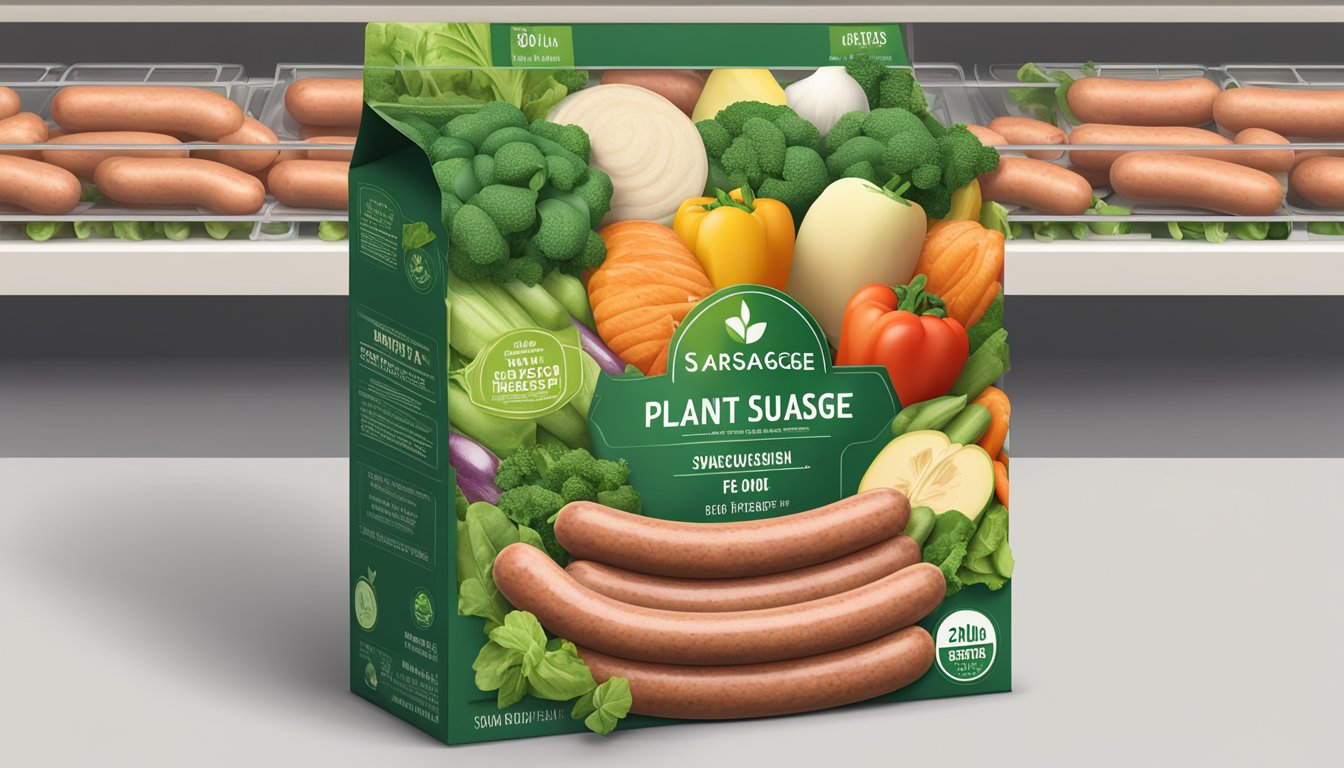 A plant-based sausage package sits on a shelf, surrounded by fresh vegetables and fruits. The packaging indicates a long shelf life, and the environment is depicted as serene and sustainable