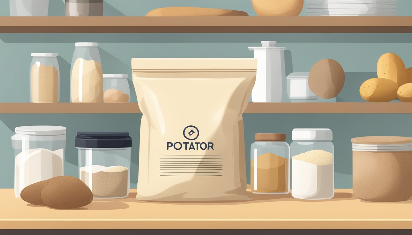 A bag of potato flour sits on a clean, organized kitchen shelf, surrounded by other baking ingredients. The room is well-lit and inviting, with a modern, minimalist aesthetic