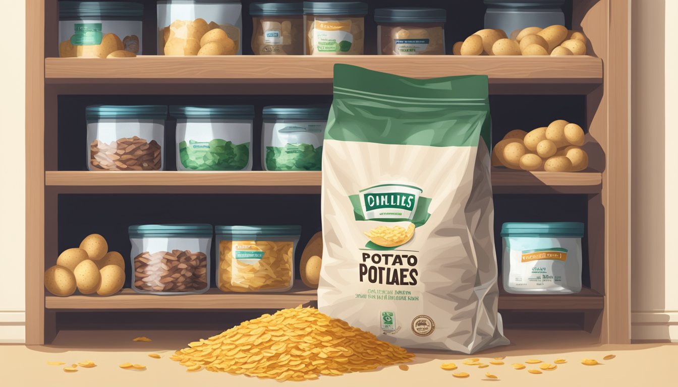 A sealed bag of potato flakes sits on a pantry shelf, surrounded by other dry goods. The room is dimly lit, and the air is still