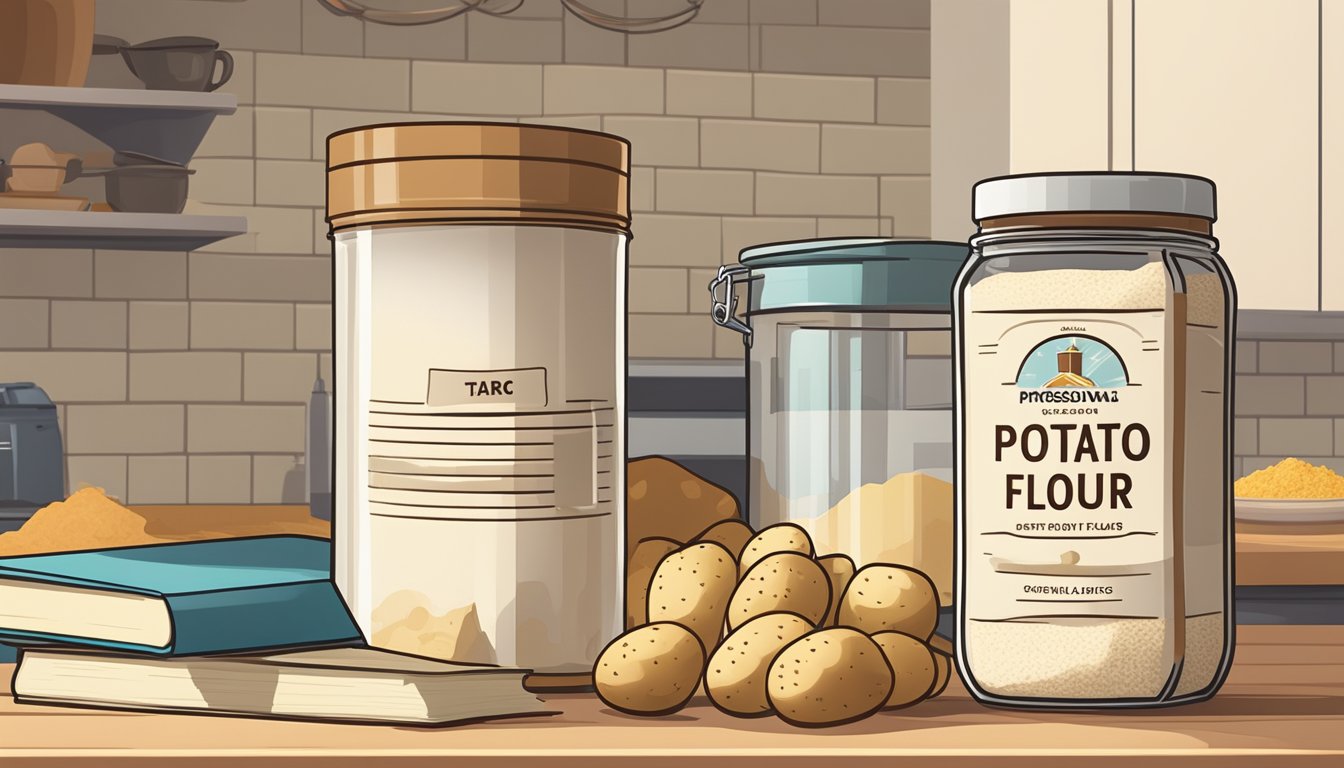 A jar of potato flour sits on a kitchen counter next to a stack of recipe books. The flour is in pristine condition, with no signs of spoilage