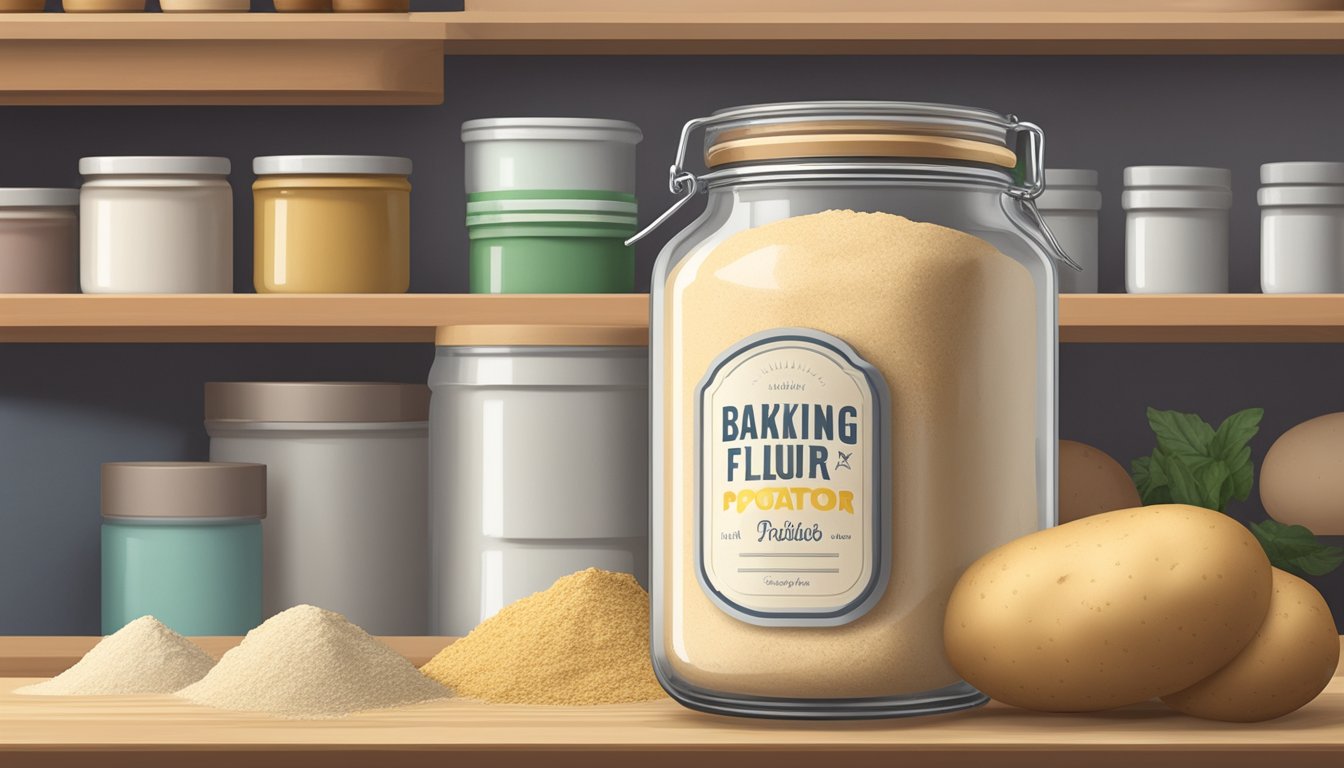 A jar of potato flour sits on a kitchen shelf next to other baking ingredients. The label on the jar indicates the expiration date