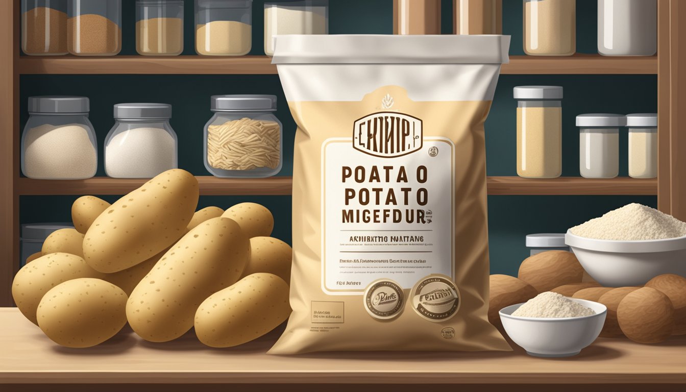 A sealed bag of potato flour sits on a pantry shelf, surrounded by other baking ingredients. The expiration date is clearly visible