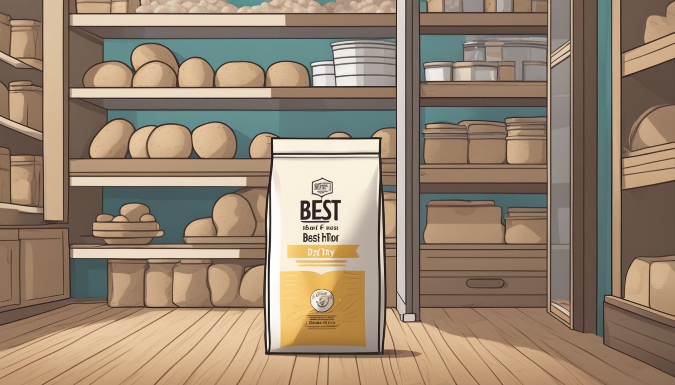 A sealed bag of potato flour with a "best by" date on the label, stored in a cool, dry pantry