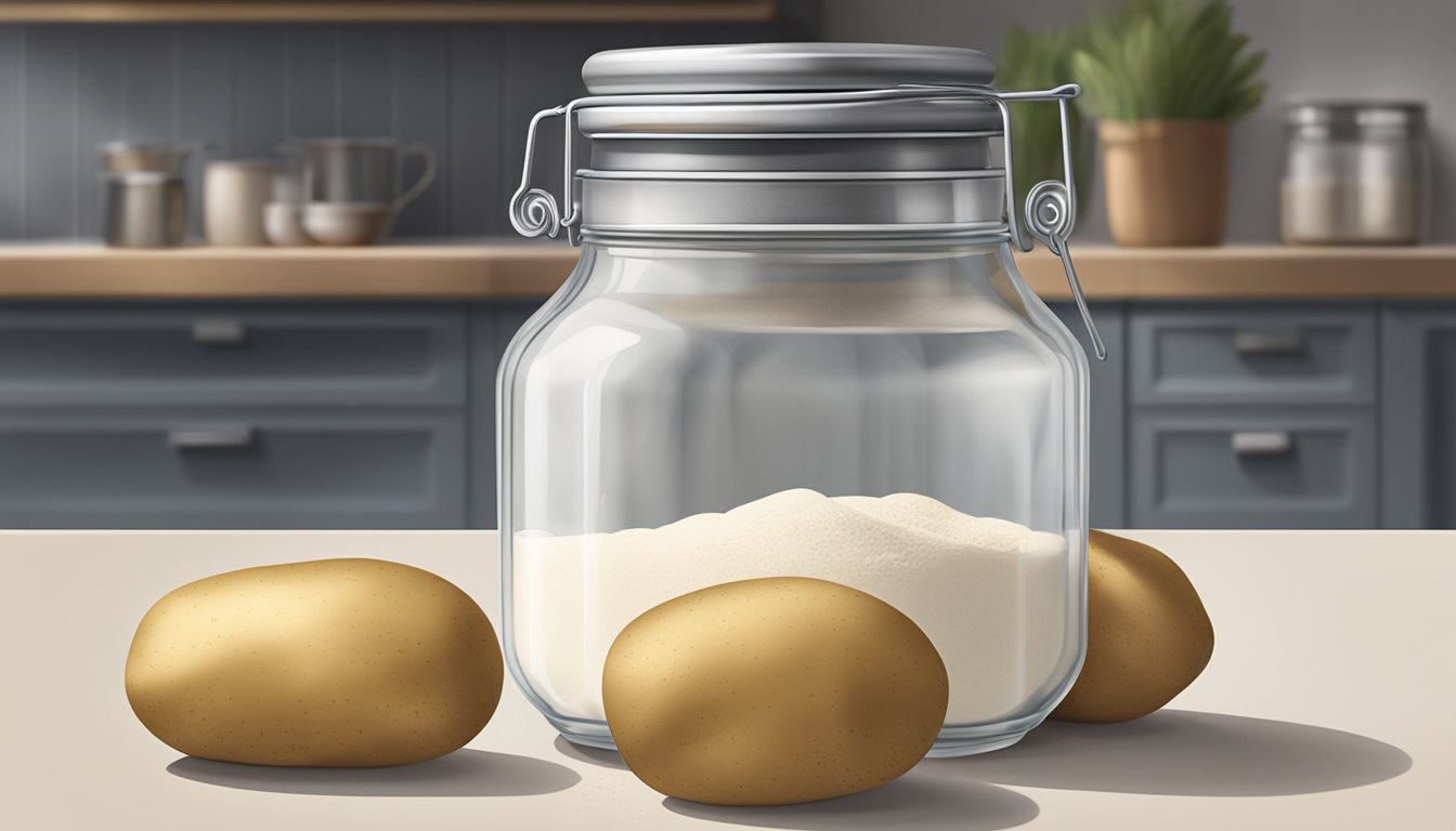 A clear glass jar filled with potato starch sits on a kitchen shelf, sealed with a metal lid. The starch inside appears fine and powdery, with no signs of clumping or discoloration