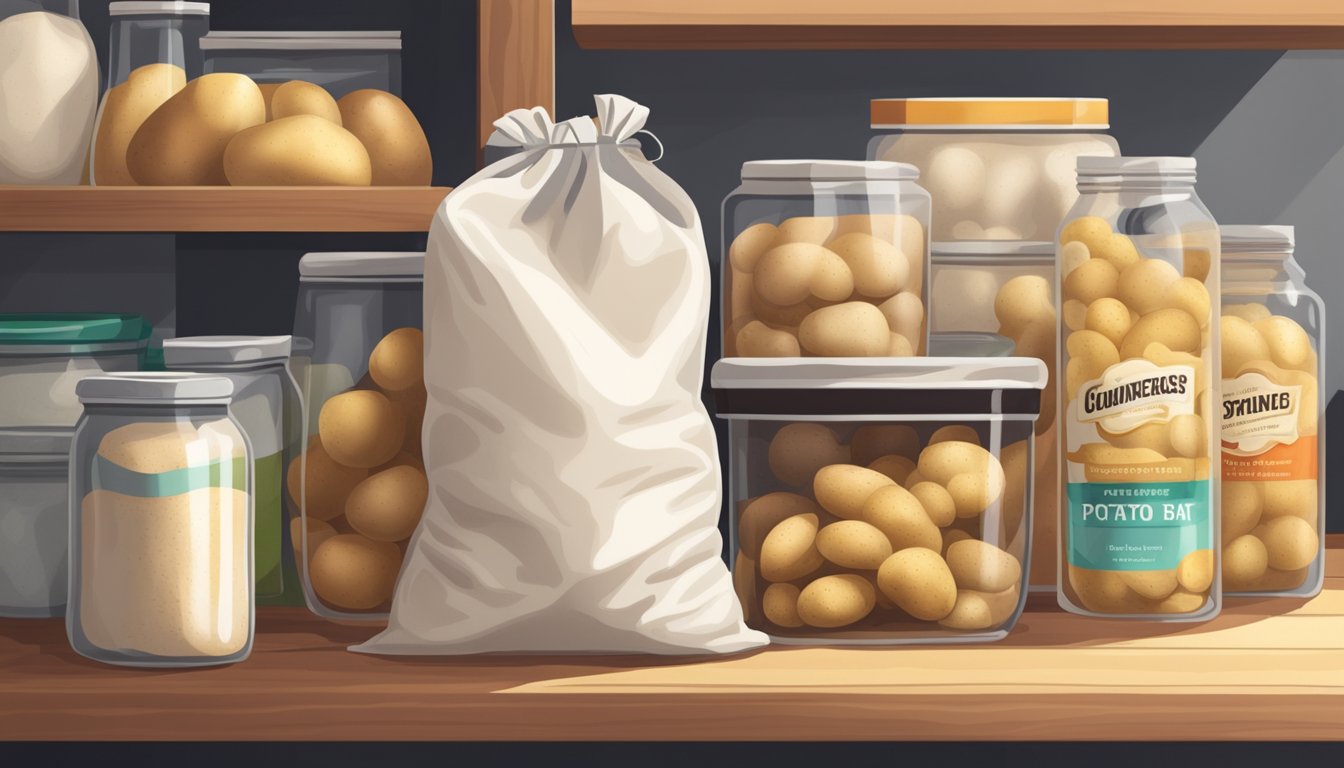 A sealed bag of potato starch sits on a clean, organized pantry shelf alongside other dry goods. The room is well-lit and tidy