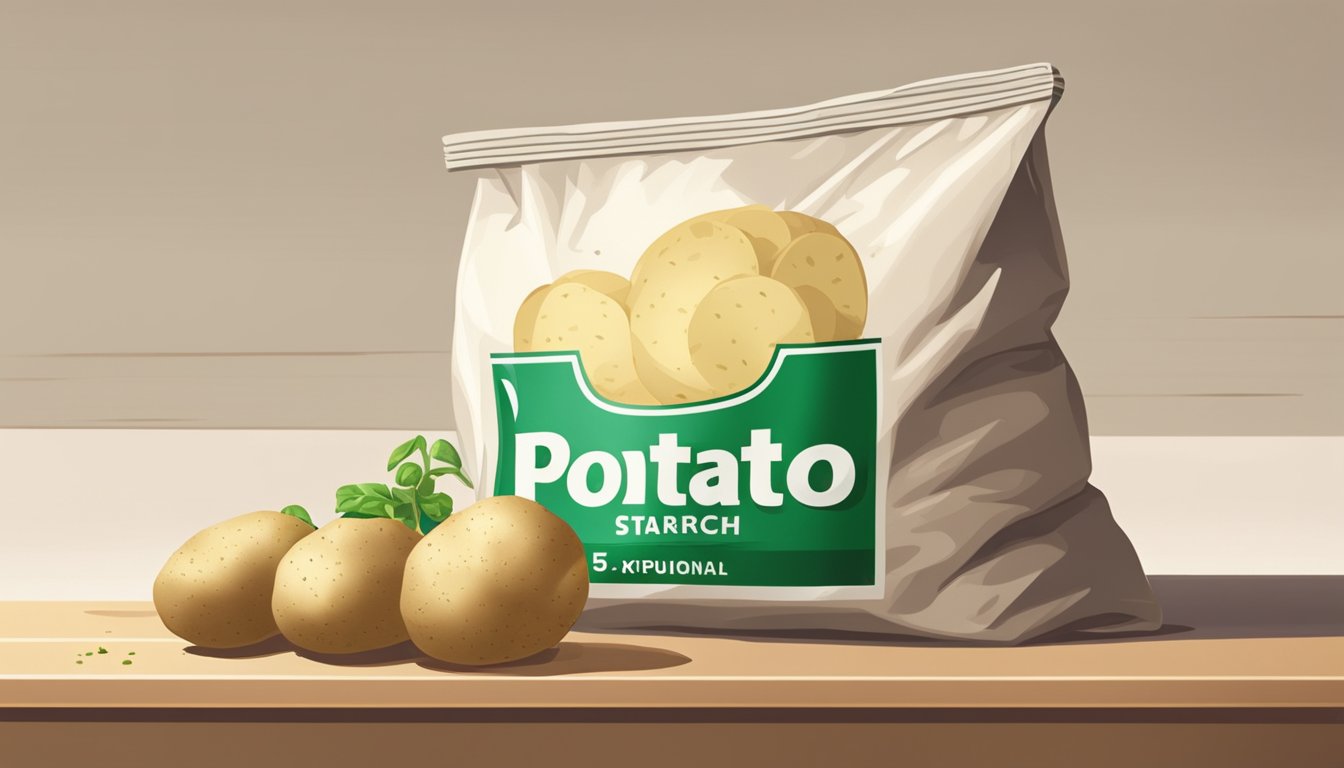 A bag of potato starch sits on a kitchen shelf, its expiration date clearly visible. Nearby, a few potatoes have started to sprout and show signs of spoilage