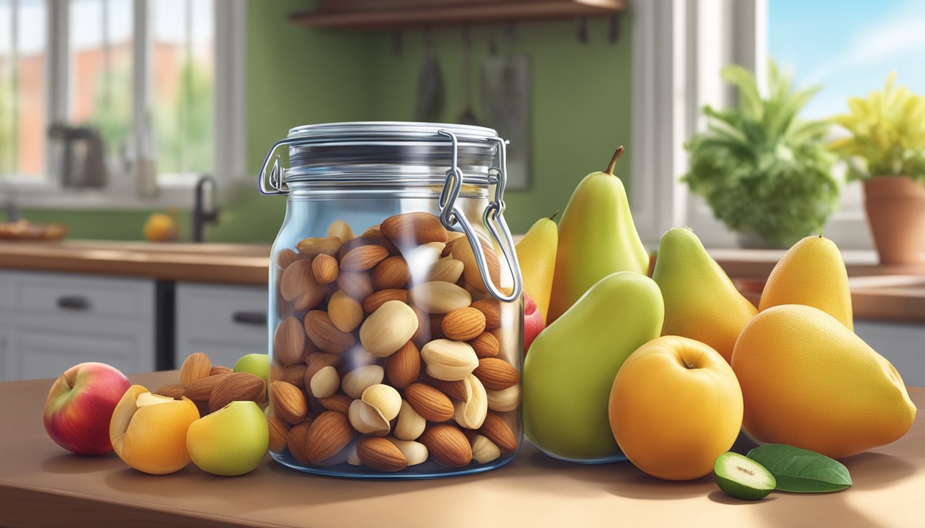 A sealed jar of Planters Nuts sits on a kitchen counter, surrounded by vibrant, fresh fruits and a sunny window