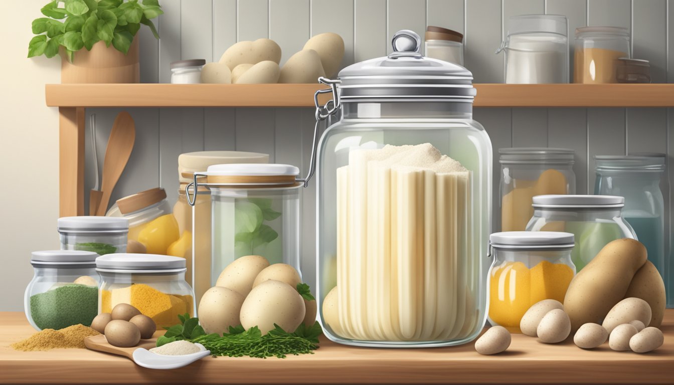 A clear glass jar filled with potato starch sits on a kitchen shelf, surrounded by various cooking ingredients and utensils