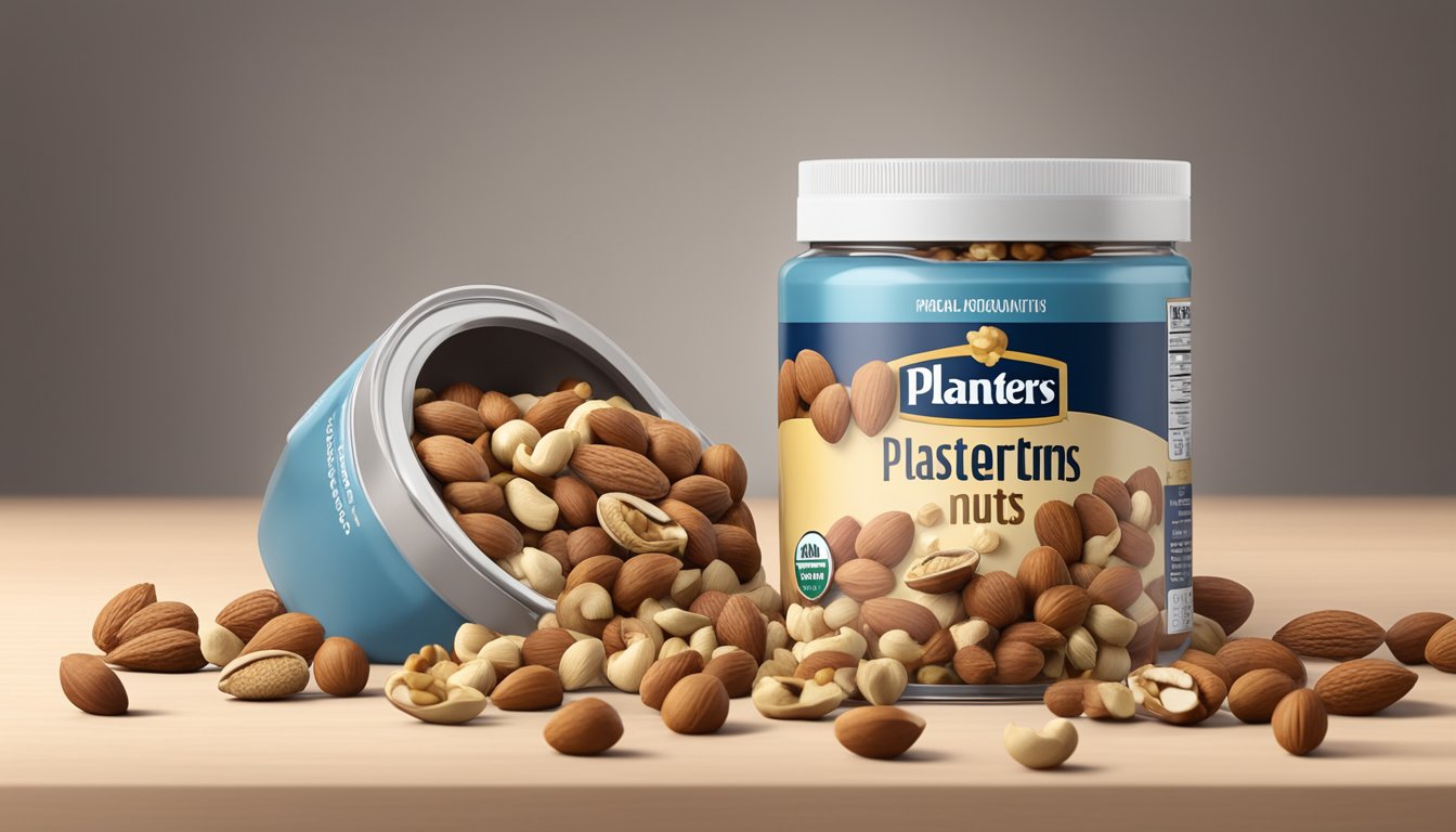 A jar of Planters Nuts sits on a kitchen counter, surrounded by various nuts spilling out onto the surface. The label on the jar indicates the brand and type of nuts inside