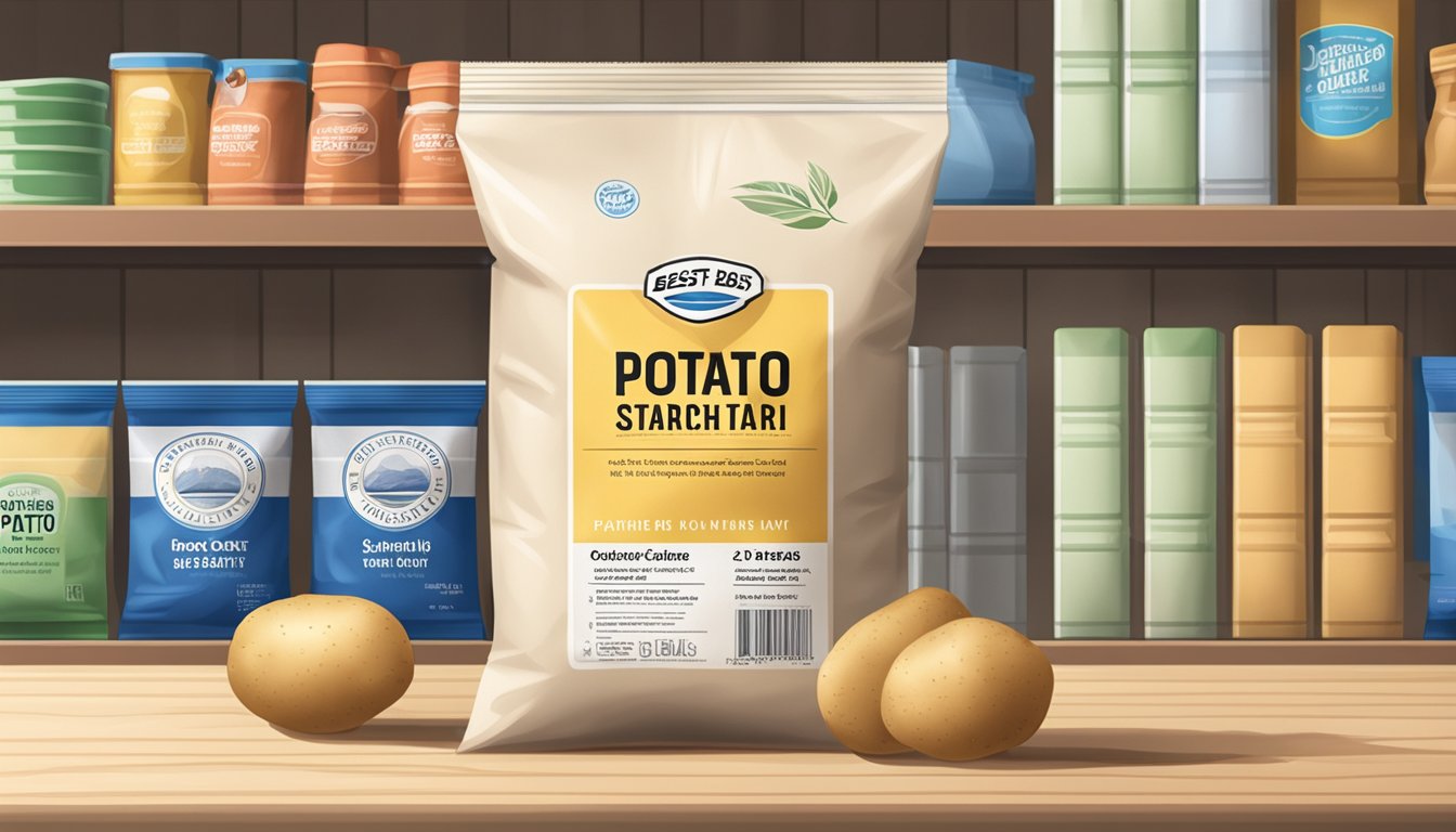 A sealed bag of potato starch sits on a pantry shelf, with a best-by date clearly visible