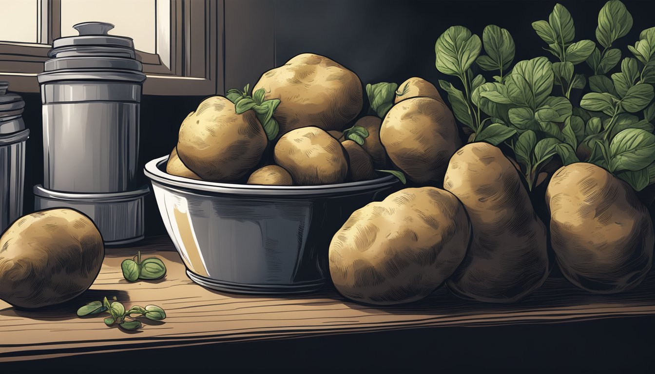 A pile of potatoes slowly sprouting in a dark, cool pantry