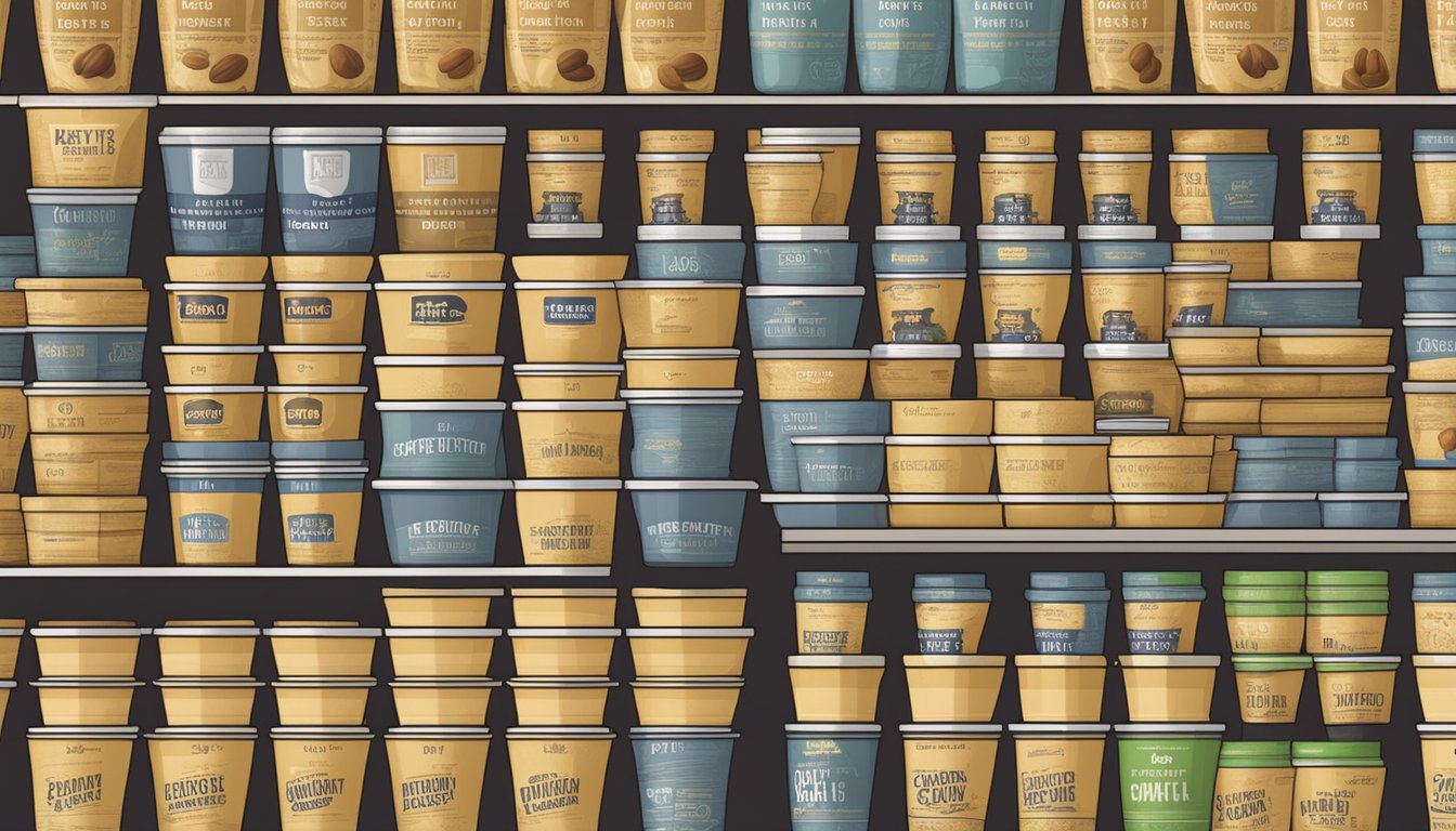 A variety of Planters Nuts are arranged on a shelf with expiration dates visible